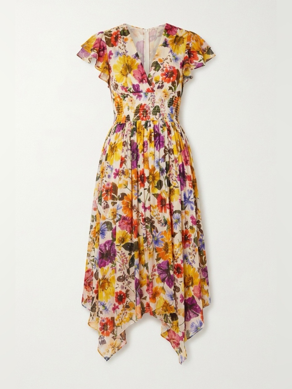 Shoshanna Smocked Floral-Print Handkerchief Dress - size 2